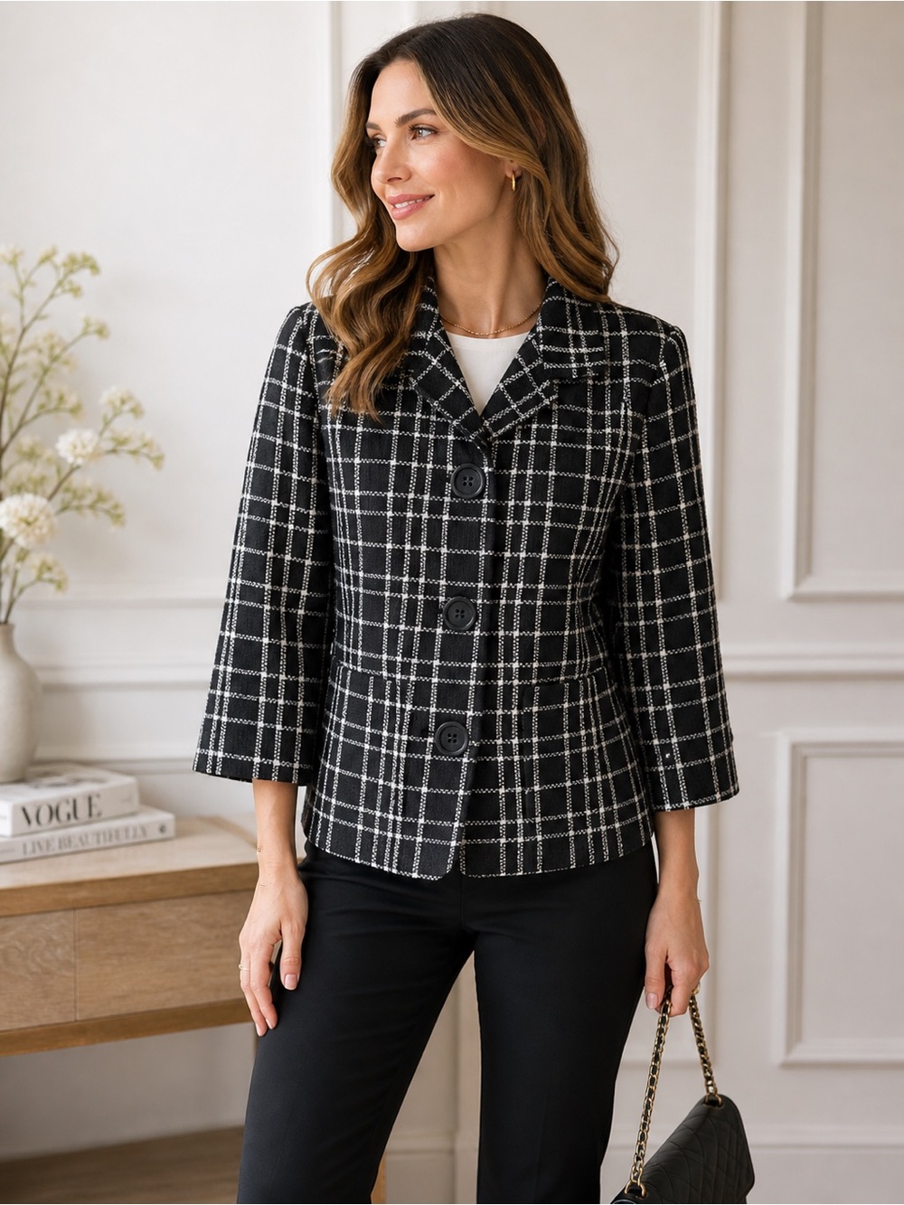 Katherine New York 100% Cotton Black White Check Tweed Like Blazer EUC Small